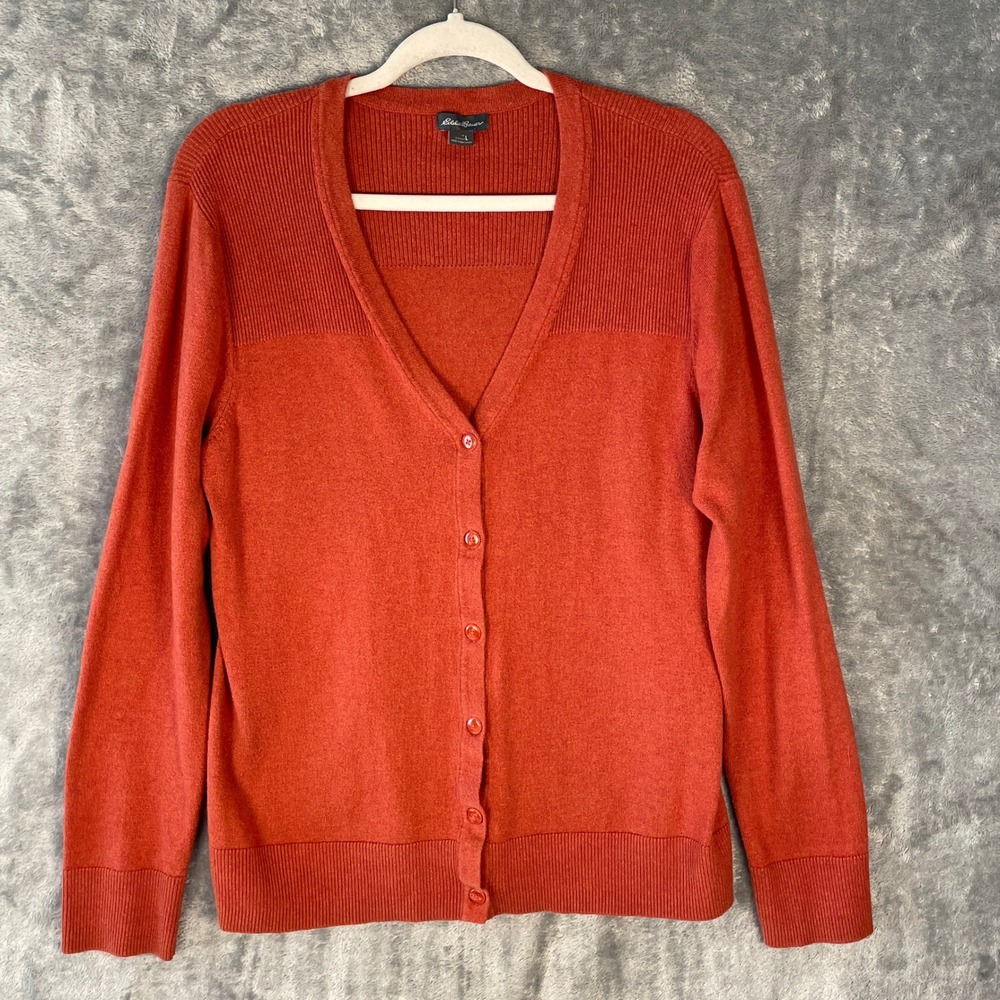 Eddie Bauer Cardigan Sweater Womens Large Orange Excellent V-Neck Cotton Wool